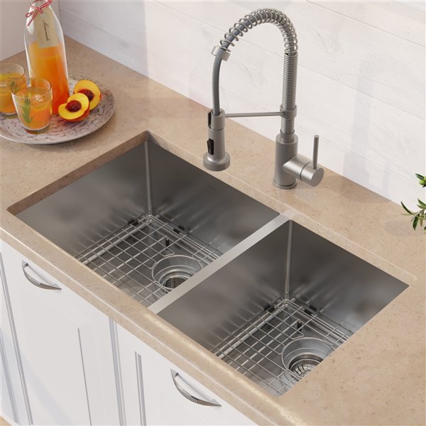 Kraus Standart PRO Undermount Sink-All-in-One Kit-Double Offset Bowl-32.75-in- Steel