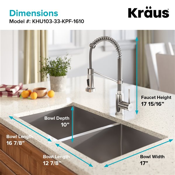 Kraus Standart PRO Undermount Sink-All-in-One Kit-Double Offset Bowl-32.75-in- Steel