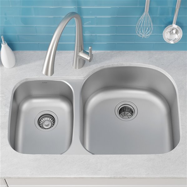 Kraus Premier Undermount Kitchen Sink-Double Offset Bowl-32.38-in-Stainless Steel