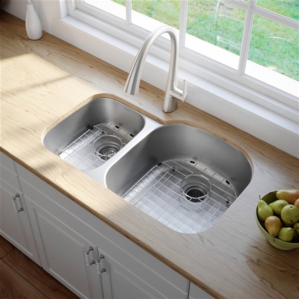 Kraus Premier Undermount Kitchen Sink-Double Offset Bowl-32.38-in-Stainless Steel