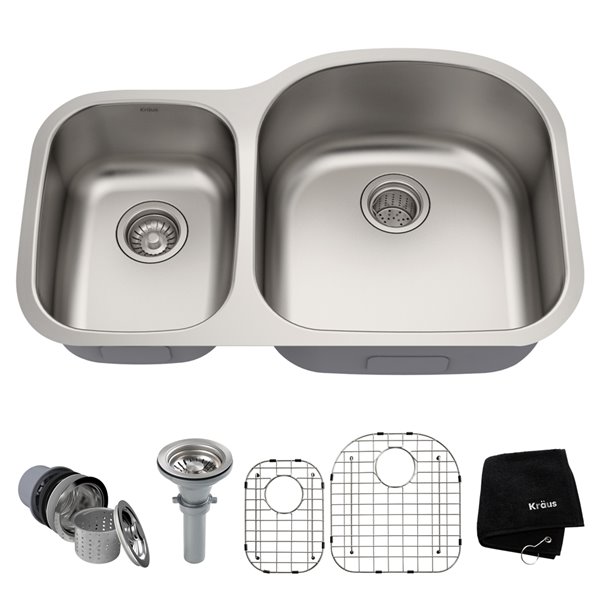 Kraus Premier Undermount Kitchen Sink-Double Offset Bowl-32.38-in-Stainless Steel