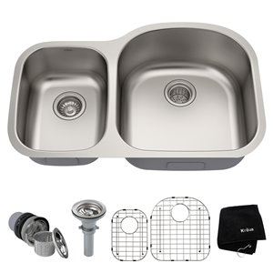 Kraus Premier Undermount Kitchen Sink-Double Offset Bowl-32.38-in-Stainless Steel