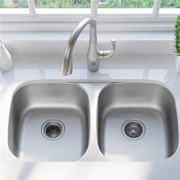 Kraus Outlast Undermount Sink-Double Equal Bowl-32.25-in x 32-in-Stainless Steel