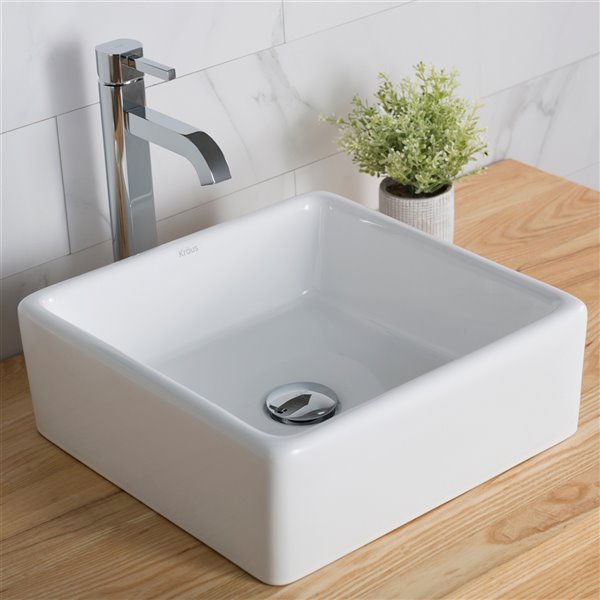 Kraus Ceramic Square Vessel Bathroom Sink with Ramus Faucet - 15-in - White