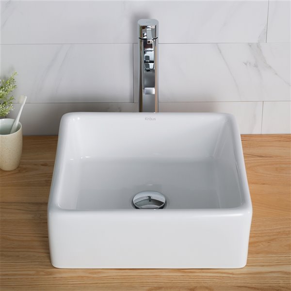 Kraus Ceramic Square Vessel Bathroom Sink with Ramus Faucet - 15-in - White