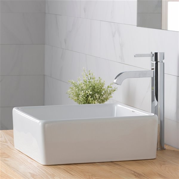 Kraus Ceramic Square Vessel Bathroom Sink with Ramus Faucet - 15-in - White