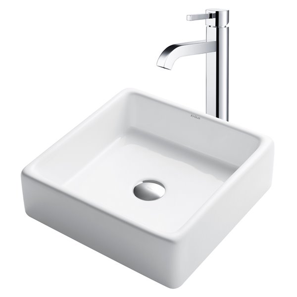 Kraus Ceramic Square Vessel Bathroom Sink with Ramus Faucet - 15-in - White