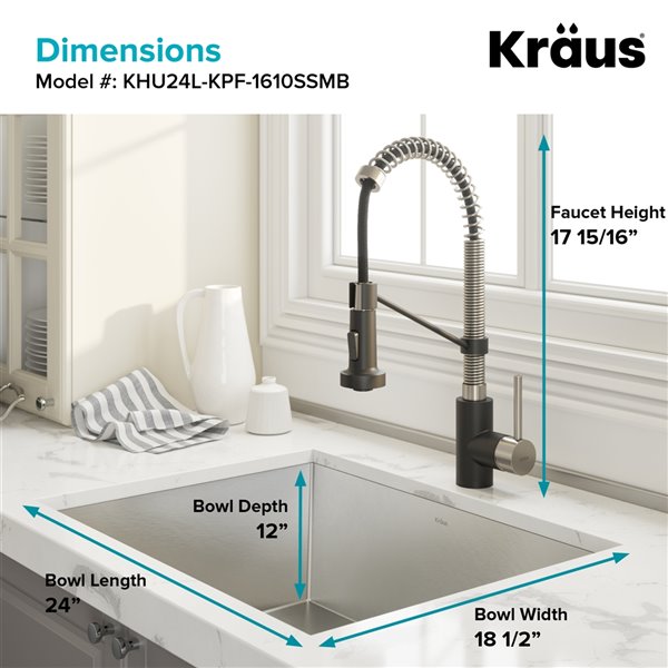 Kraus Pax Undermount Kitchen Sink-All-in-One Kit-Single Bowl-24-in-Stainless Steel