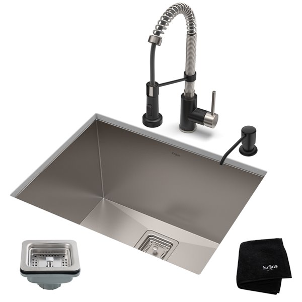 Kraus Pax Undermount Kitchen Sink-All-in-One Kit-Single Bowl-24-in-Stainless Steel