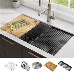 Évier de cuisine double sous plan avec plan de travail Kore de Kraus, 33 po, acier inoxydable