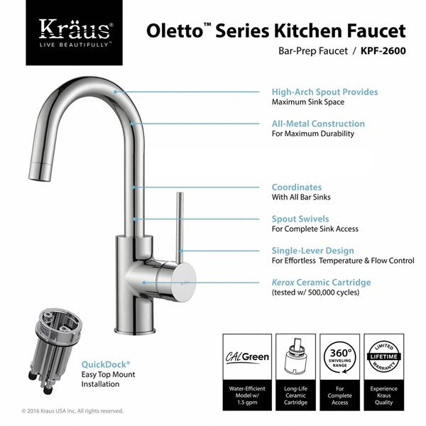 Kraus Oletto Bar and Kitchen Faucet - Single Handle - Chrome