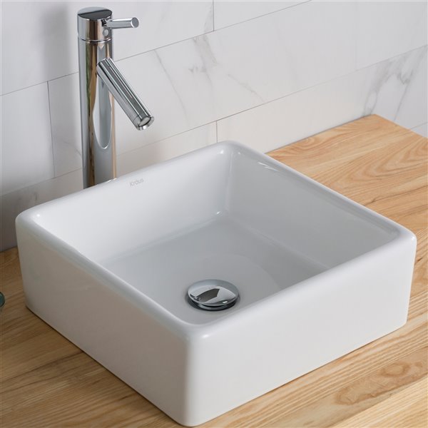 Kraus Elavo Ceramic Square Vessel Bathroom Sink - 15.25-in - White