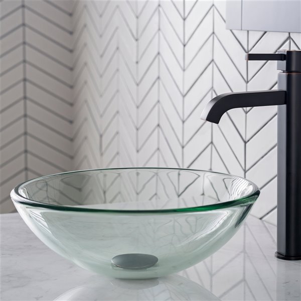 Kraus Single-Tone Round Vessel Bathroom Sink - 14-in - Clear