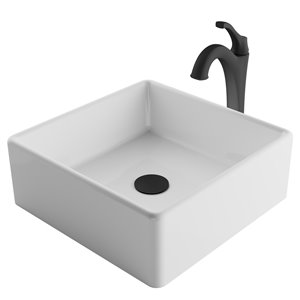 Kraus Square Vessel Bathroom Sink and Arlo Faucet - 15.25-in - White Ceramic
