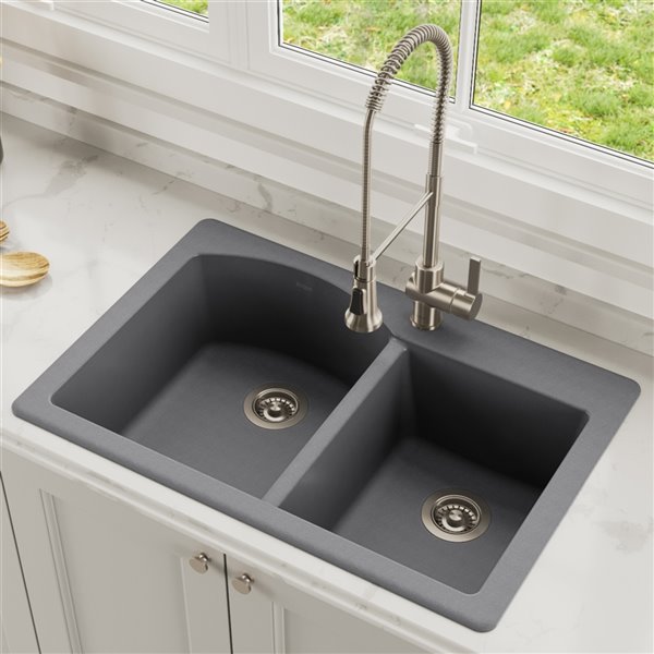 Kraus Forteza Drop-In/Undermount Kitchen Sink - Double Offset Bowl - 33-in - Grey