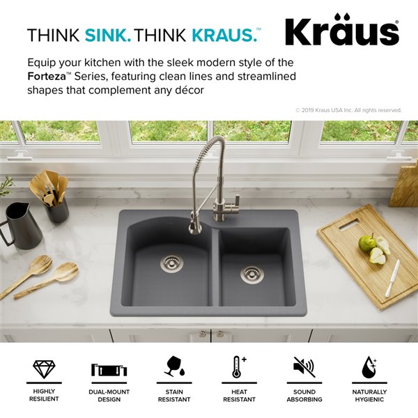 Kraus Forteza Drop-In/Undermount Kitchen Sink - Double Offset Bowl - 33-in - Grey