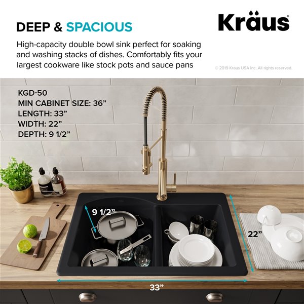 Kraus Forteza Drop-In/Undermount Kitchen Sink - Double Offset Bowl - 33-in - Grey