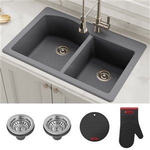 Kraus Forteza Drop-In/Undermount Kitchen Sink - Double Offset Bowl - 33-in - Grey