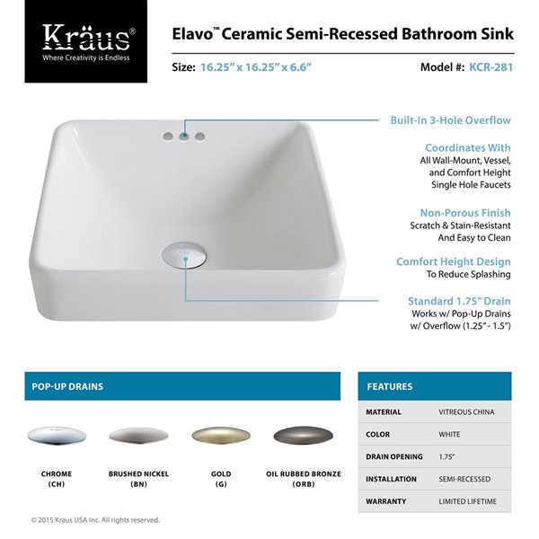 Kraus Elavo Square Drop-In Bathroom Sink with Overflow- 16.25-in - White