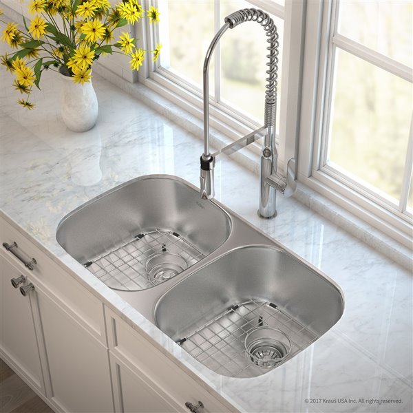 Kraus Outlast MicroShield 32 in Undermount Stainless Steel Double Bowl Kitchen Sink