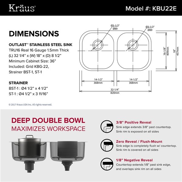 Kraus Outlast MicroShield 32 in Undermount Stainless Steel Double Bowl Kitchen Sink