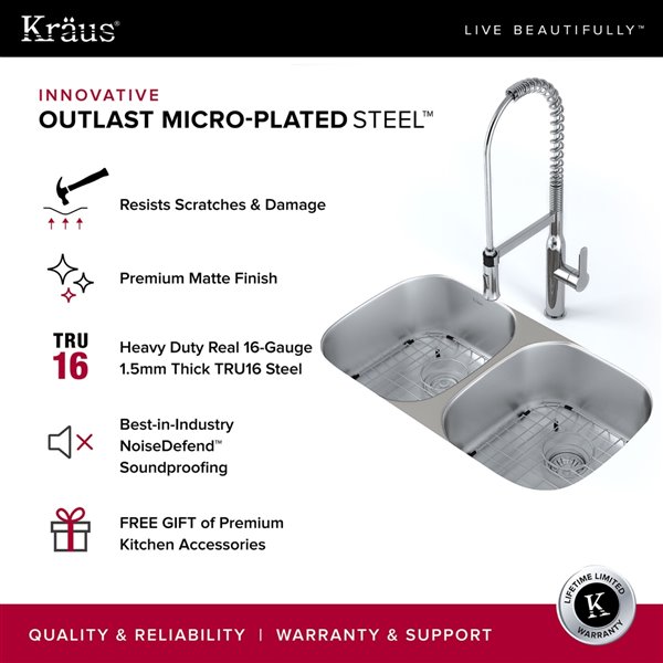 Kraus Outlast MicroShield 32 in Undermount Stainless Steel Double Bowl Kitchen Sink