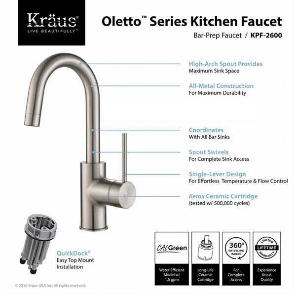 Kraus Oletto Bar and Kitchen Faucet - Single Handle - Stainless Steel