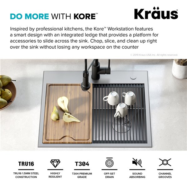 Kraus Kore Drop-In/Undermount Workstation Sink-Single Bowl-25-in-Stainless Steel