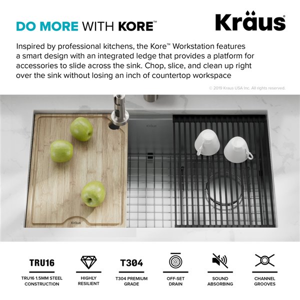 Évier de cuisine simple sous plan avec plan de travail Kore de Kraus 32 po acier inoxydable