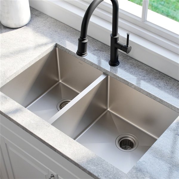 Kraus Standart Pro Undermount Kitchen Sink Double Offset Bowl 32 75 In Stainless Steel Khu104 33 Rona