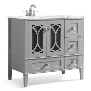 SIMPLI HOME Paige Left Offset Bath Vanity with White Engineered Quartz Marble Top - 36-in