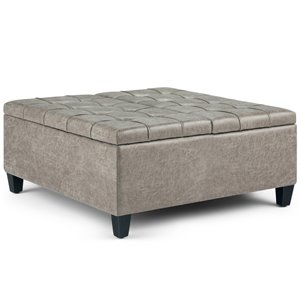 SIMPLI HOME Harrison Coffee Table Storage Ottoman - Distressed Grey Taupe - 36-in x 36-in