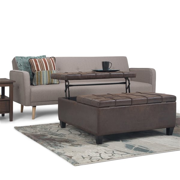 Simpli Home Harrison Coffee Table Storage Ottoman Distressed Brown 36 In X 36 In Axcot 265 Dbr Rona