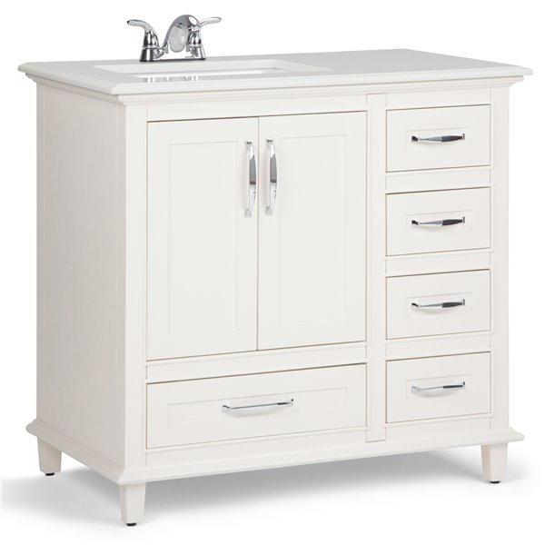 Simpli Home Ariana Left Offset Bath, 36 Inch White Bathroom Vanity With Marble Top