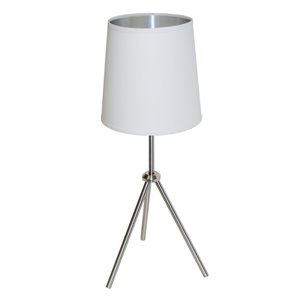 Lampe de table Oversized Drum de Dainolite, 1 lumière, 28,5 po, chrome satiné/blanc