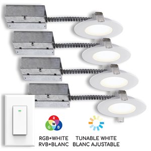 Ensemble de 4 lumières encastrées intelligent DEL avec interrupteur mural BAZZ, blanc