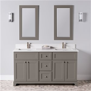 Meuble-lavabo double gris titane London de St. Lawrence Cabinets de 60 po avec comptoir blanc en quartz de Carrare
