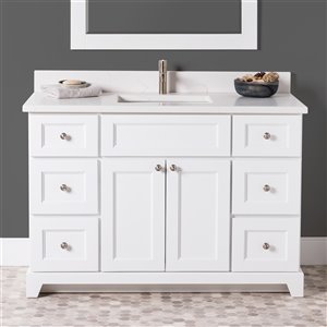 Meuble-lavabo simple London de St. Lawrence Cabinets, comptoir en quartz Carrera, 48 po, blanc