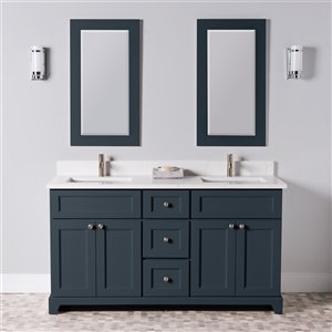 St. Lawrence Cabinets London 60-in Blue-Grey Double Sink Bathroom Vanity with White Carrera Quartz Top