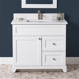 Meuble-lavabo simple London de St. Lawrence Cabinets, comptoir en quartz Carrera, 36 po, blanc