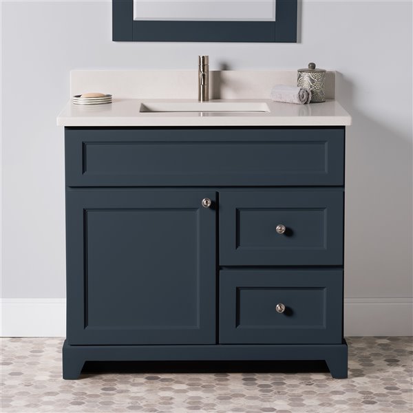 St Lawrence Cabinets London Vanity With Dover White Quartz Top Single Sink 36 In Blue Grey Rona - Bathroom Vanities With Sink 36 Inch
