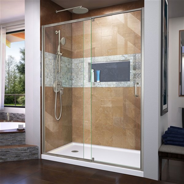 DreamLine Flex Shower Door and Base Kit - 34-in x 60-in - Nickel