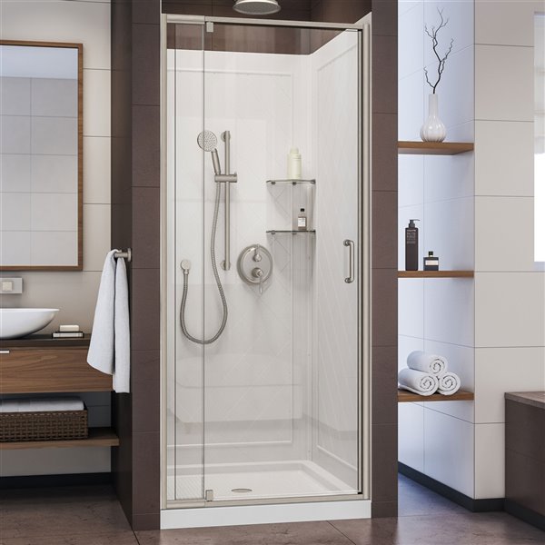 DreamLine Flex Shower Door and Base Kit - 36-in - Nickel