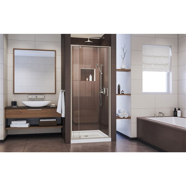 Porte douche et base de DreamLine Flex, 32 po x 32 po, nickel