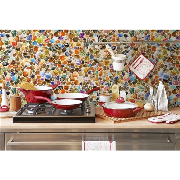 Dundee Deco PVC 3D Wall Panel - Red, Blue, Brown, Orange and Beige Faux Round Stones - 3.2-ft x 1.6-ft