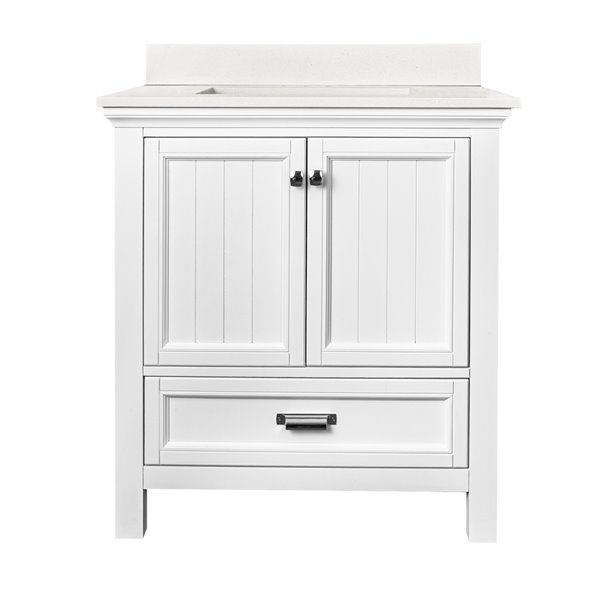 Meuble-lavabo simple blanc Brantley par Foremost de 31 po avec comptoir blanc de lys en pierre d'ingénierie