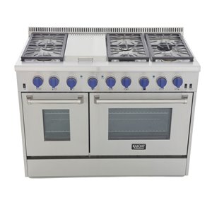 Cuisinière au gaz naturel KUCHT avec plaque chauffante et four à convection à boutons bleus, 48 po