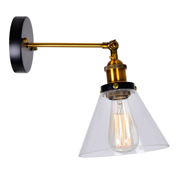 CWI Lighting Eustis 7-in dia Black/Gold Brass 1-Light Rustic Wall Sconce w/ Glass Cone-Shaped Shade