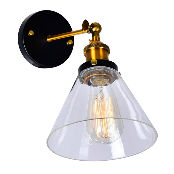 CWI Lighting Eustis 7-in dia Black/Gold Brass 1-Light Rustic Wall Sconce w/ Glass Cone-Shaped Shade