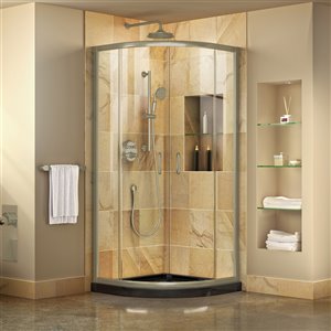 DreamLine Prime Corner Sliding Shower Enclosure - Brushed Nickel - Clear Glass - Black Base Kit - 38-in W